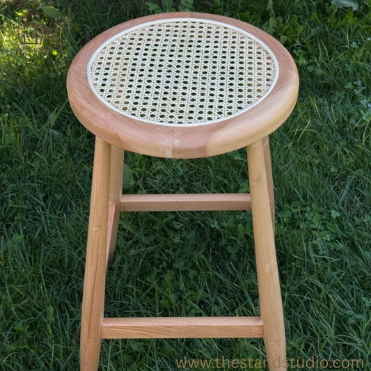 Customizable Handmade Wooden Bar Stool with Rattan Seat – Natural Wood & Black Finish