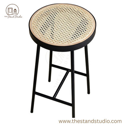 Round Rattan Woven Seat Stool with Black Metal Frame – Modern Minimalist Design