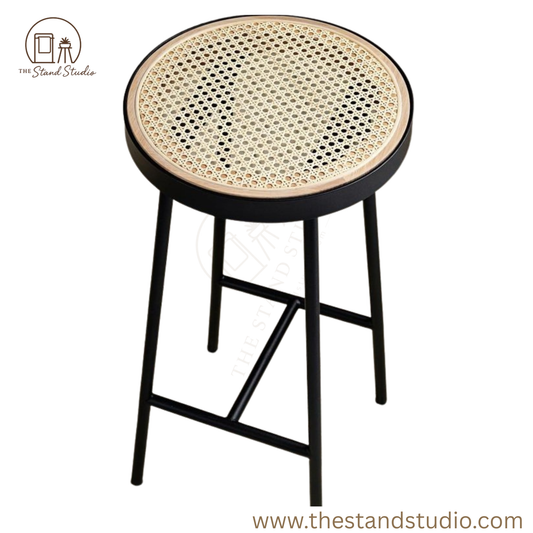 Round Rattan Woven Seat Stool with Black Metal Frame – Modern Minimalist Design