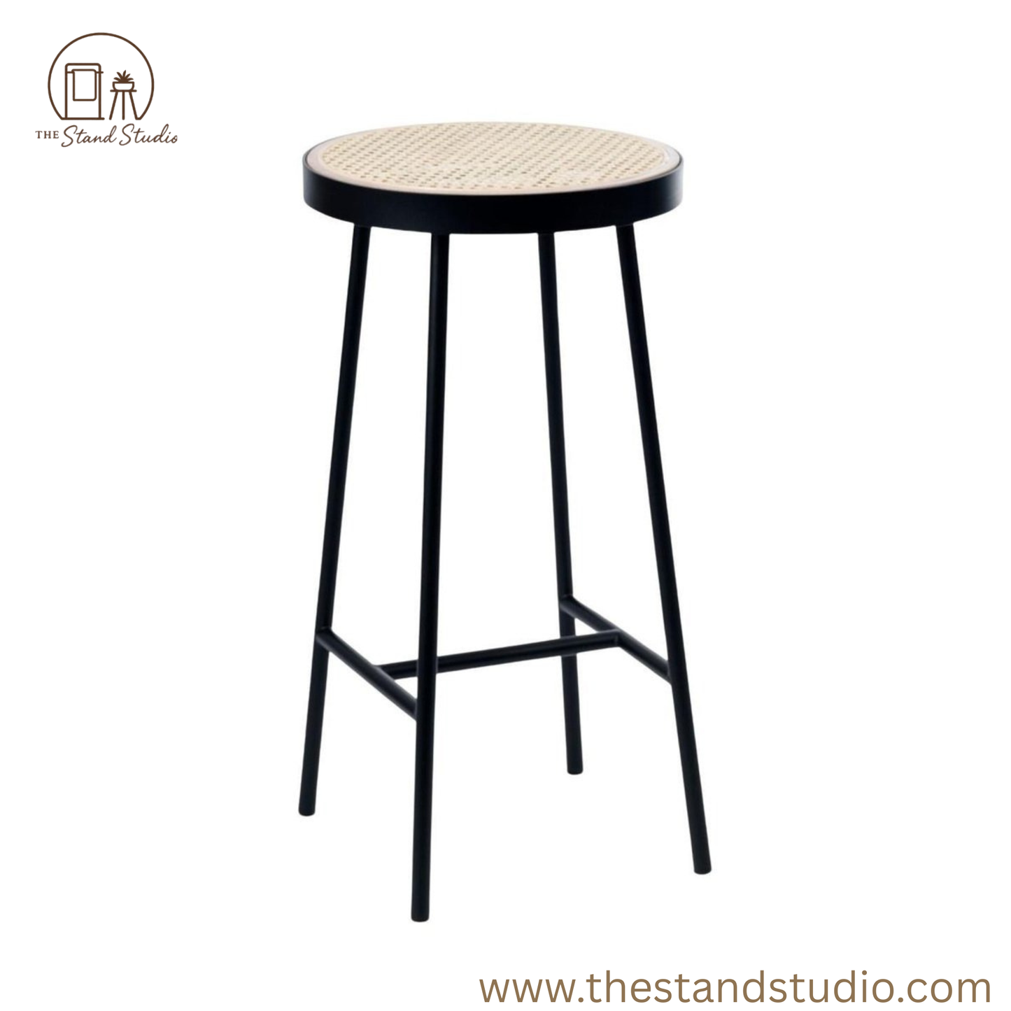 Round Rattan Woven Seat Stool with Black Metal Frame – Modern Minimalist Design