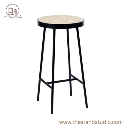 Round Rattan Woven Seat Stool with Black Metal Frame – Modern Minimalist Design