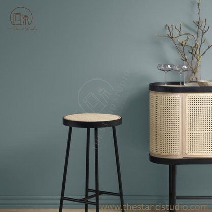 Round Rattan Woven Seat Stool with Black Metal Frame – Modern Minimalist Design