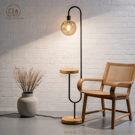Modern Globe Shelf Floor Lamp: Handmade Oak & Metal Lighting