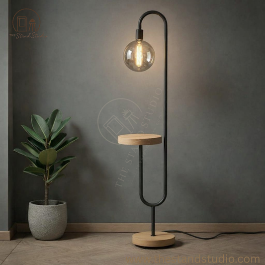 Modern Globe Shelf Floor Lamp: Handmade Oak & Metal Lighting