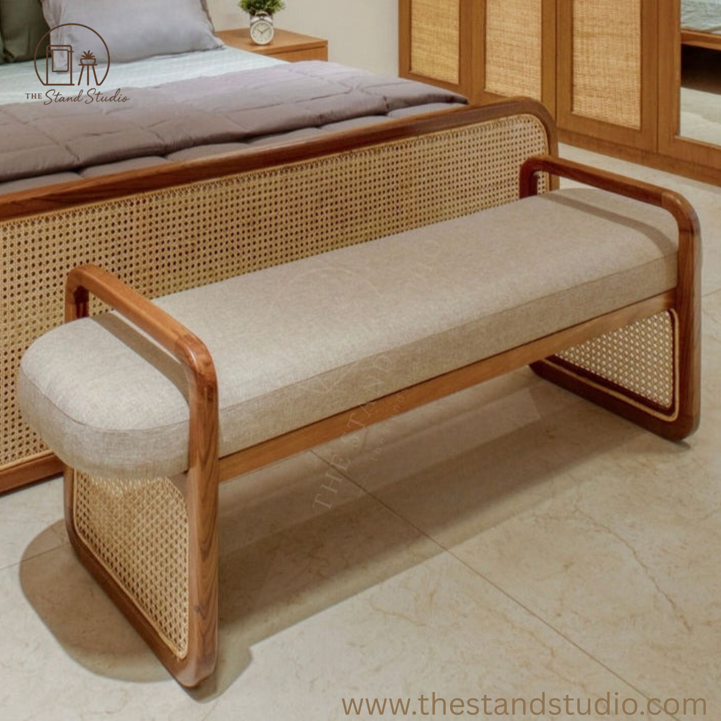 Sufi Rattan Bench in solid wood with cozy cushioning — ideal for entryways, lounge, or front of bed.