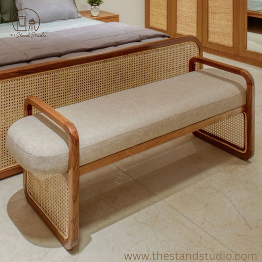 Sufi Rattan Bench in solid wood with cozy cushioning — ideal for entryways, lounge, or front of bed.