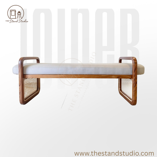 Sufi Rattan Bench in solid wood with cozy cushioning — ideal for entryways, lounge, or front of bed.