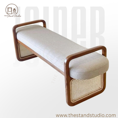 Sufi Rattan Bench in solid wood with cozy cushioning — ideal for entryways, lounge, or front of bed.
