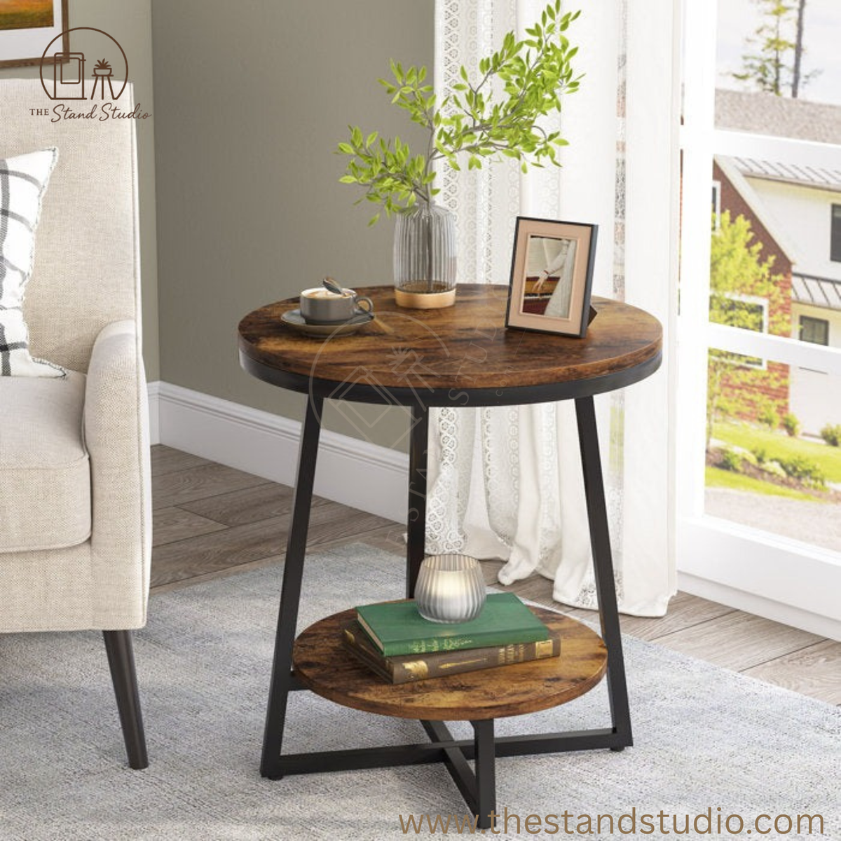 Industrial End Table, Solid Sheesham Wood Side Table, Minimalist Wooden Side Table