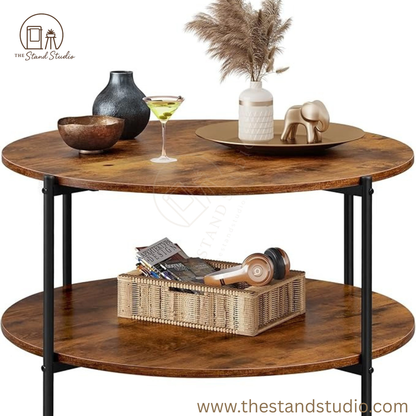 Round Coffee Table with 2 Levels, Living Room Table, Wood, Stub Table with Metal Frame