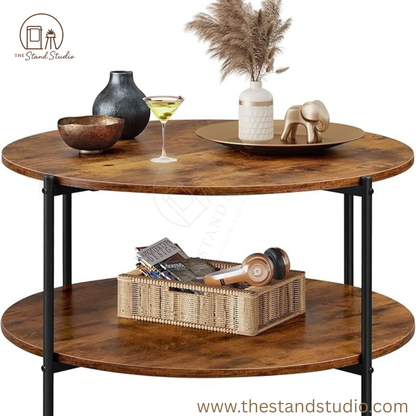 Round Coffee Table with 2 Levels, Living Room Table, Wood, Stub Table with Metal Frame