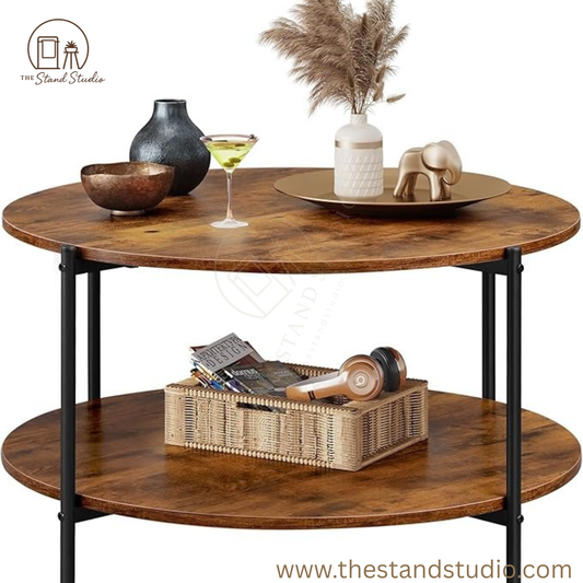 Round Coffee Table with 2 Levels, Living Room Table, Wood, Stub Table with Metal Frame