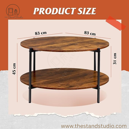 Round Coffee Table with 2 Levels, Living Room Table, Wood, Stub Table with Metal Frame