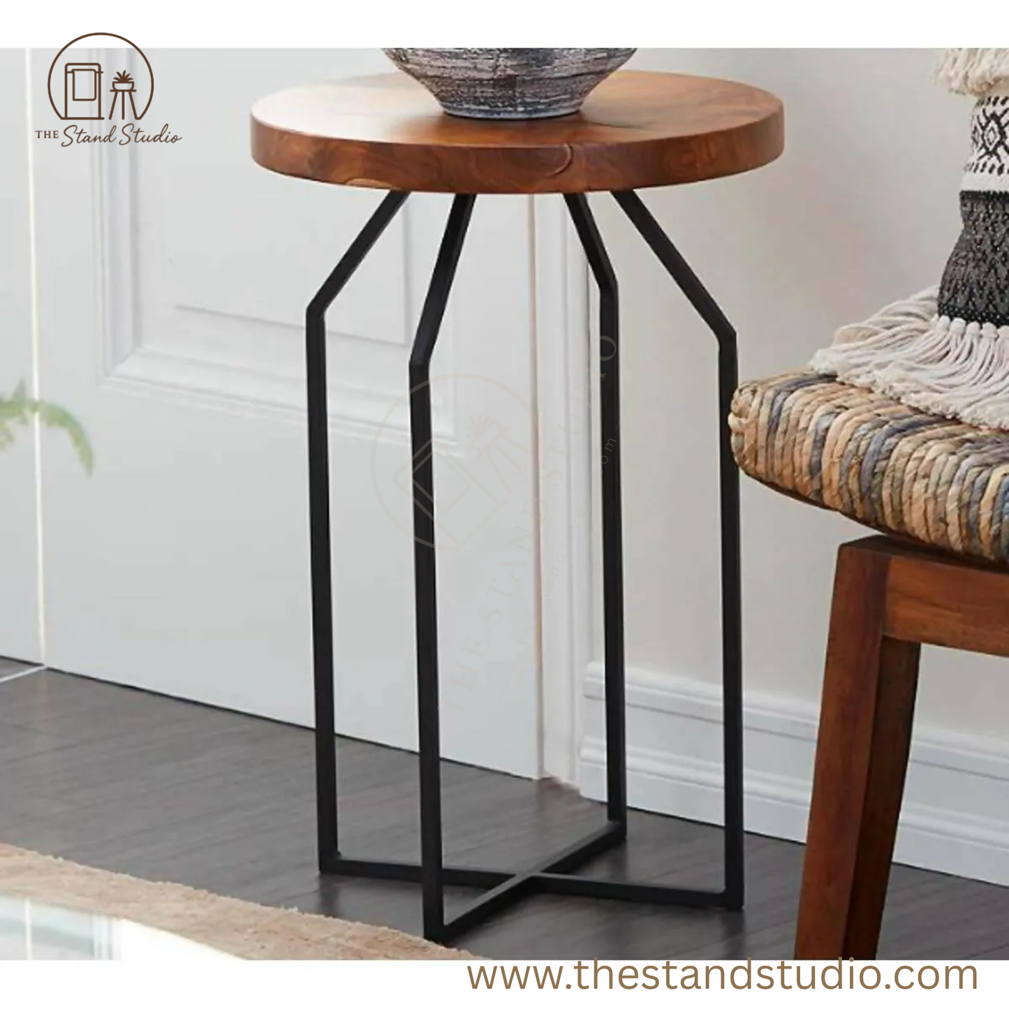 Sheesham Wood Black Metal Accent Table