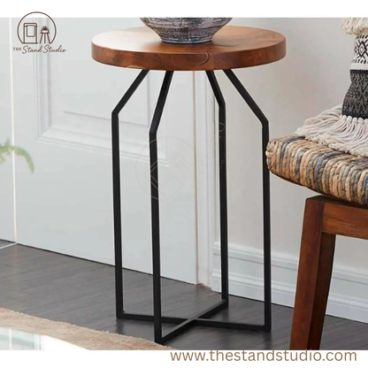 Sheesham Wood Black Metal Accent Table