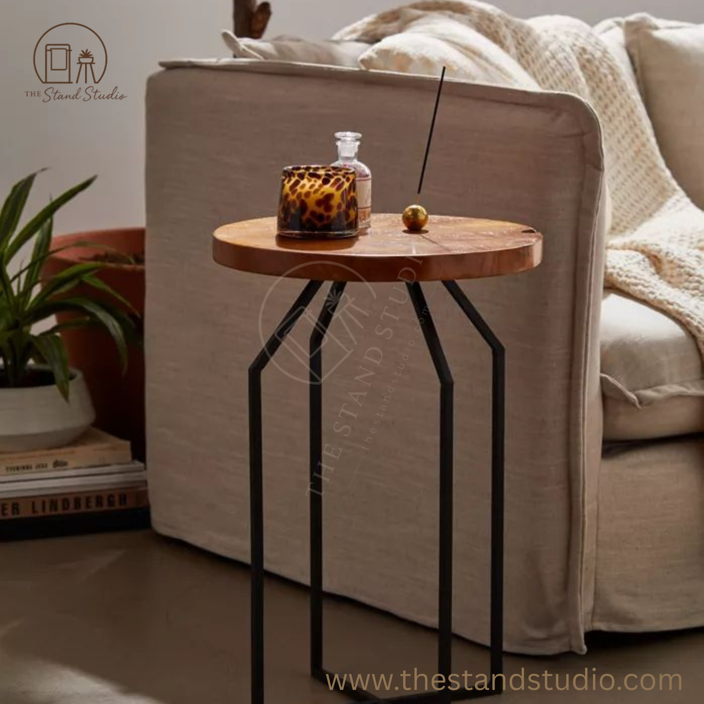 Sheesham Wood Black Metal Accent Table