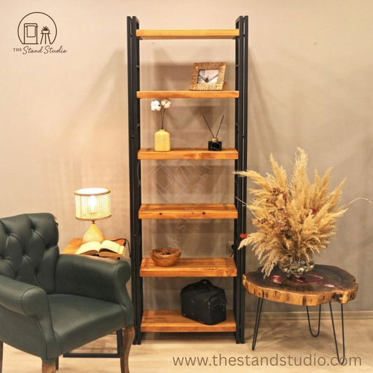 Solid Wood Bookcase with Metal Racks