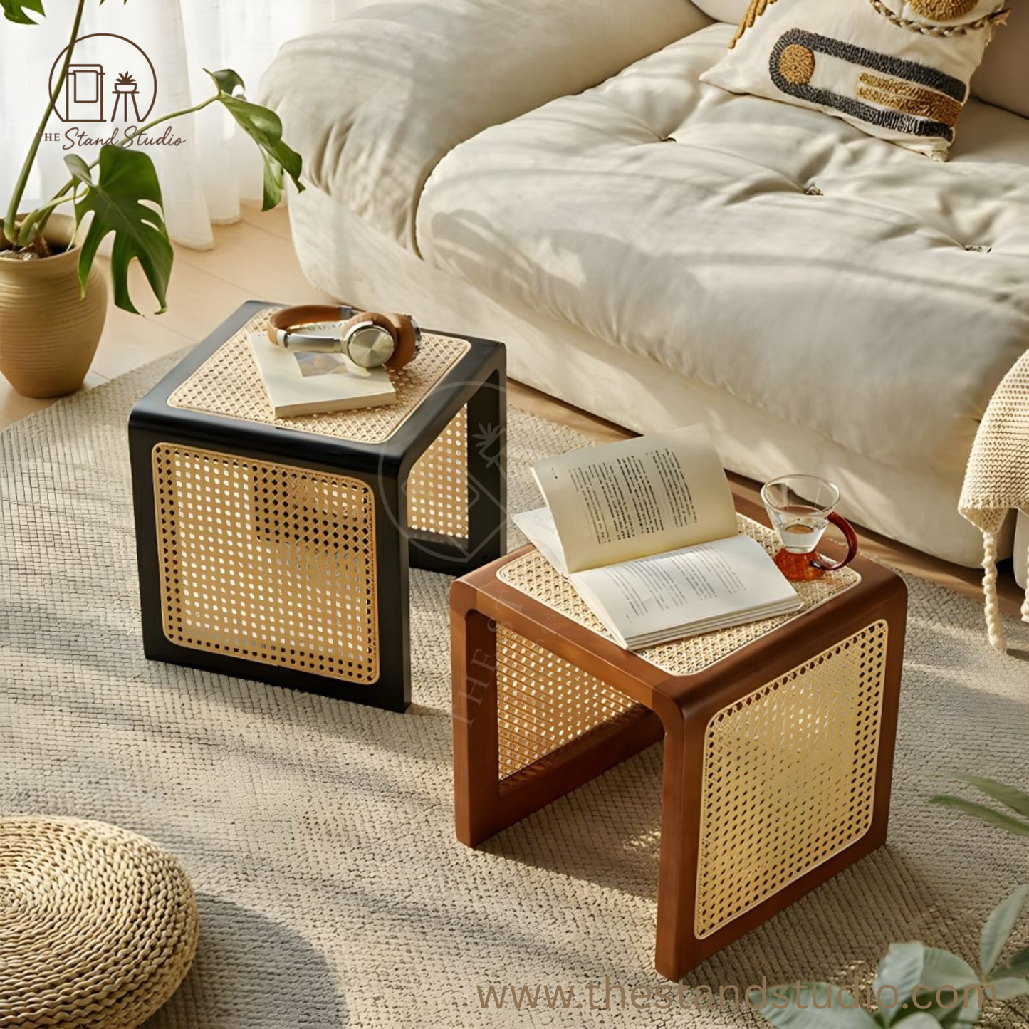 Modern C-Shape Wood End Table with Rattan Top
