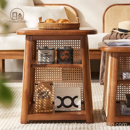 High Combination Solid Wood Rattan Nesting Coffee Table