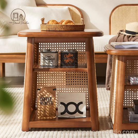 High Combination Solid Wood Rattan Nesting Coffee Table