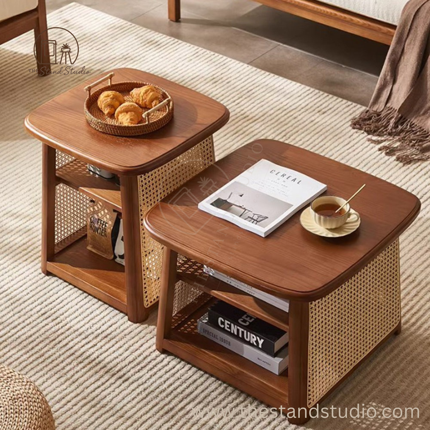 High Combination Solid Wood Rattan Nesting Coffee Table