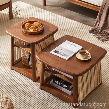 High Combination Solid Wood Rattan Nesting Coffee Table