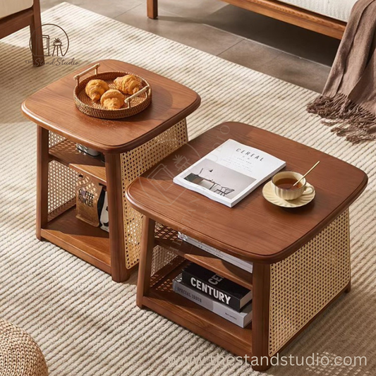 High Combination Solid Wood Rattan Nesting Coffee Table