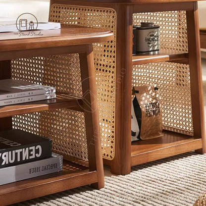 High Combination Solid Wood Rattan Nesting Coffee Table
