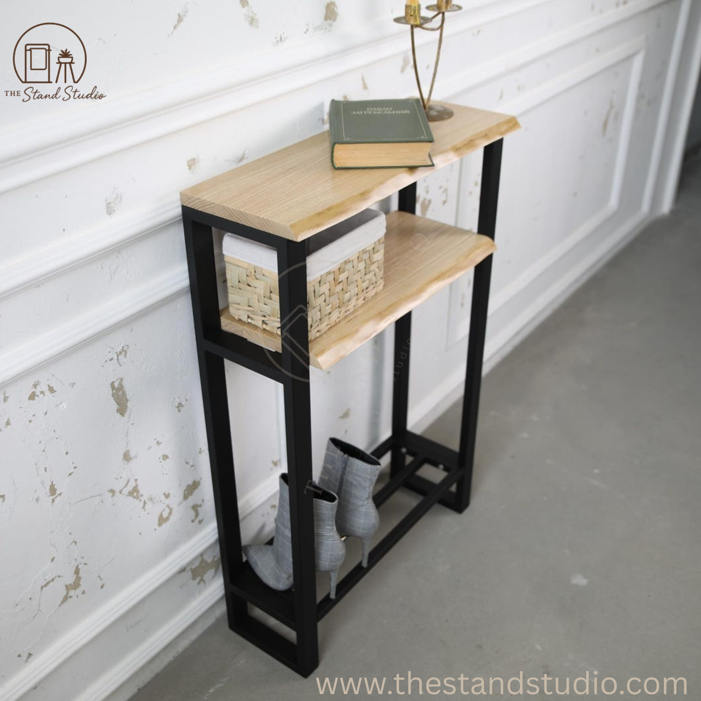 Metal console with shelf