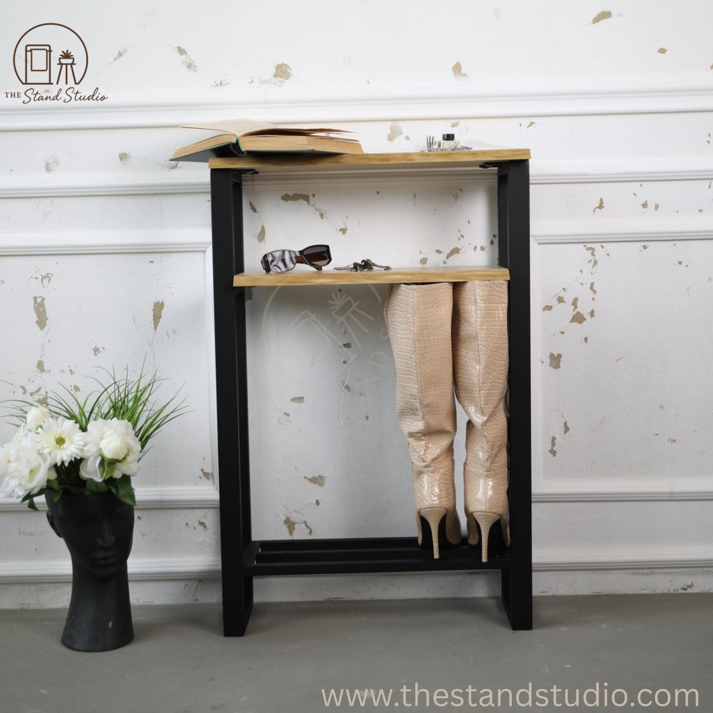 Metal console with shelf