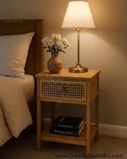 Rattan Bamboo Nightstand with Drawer