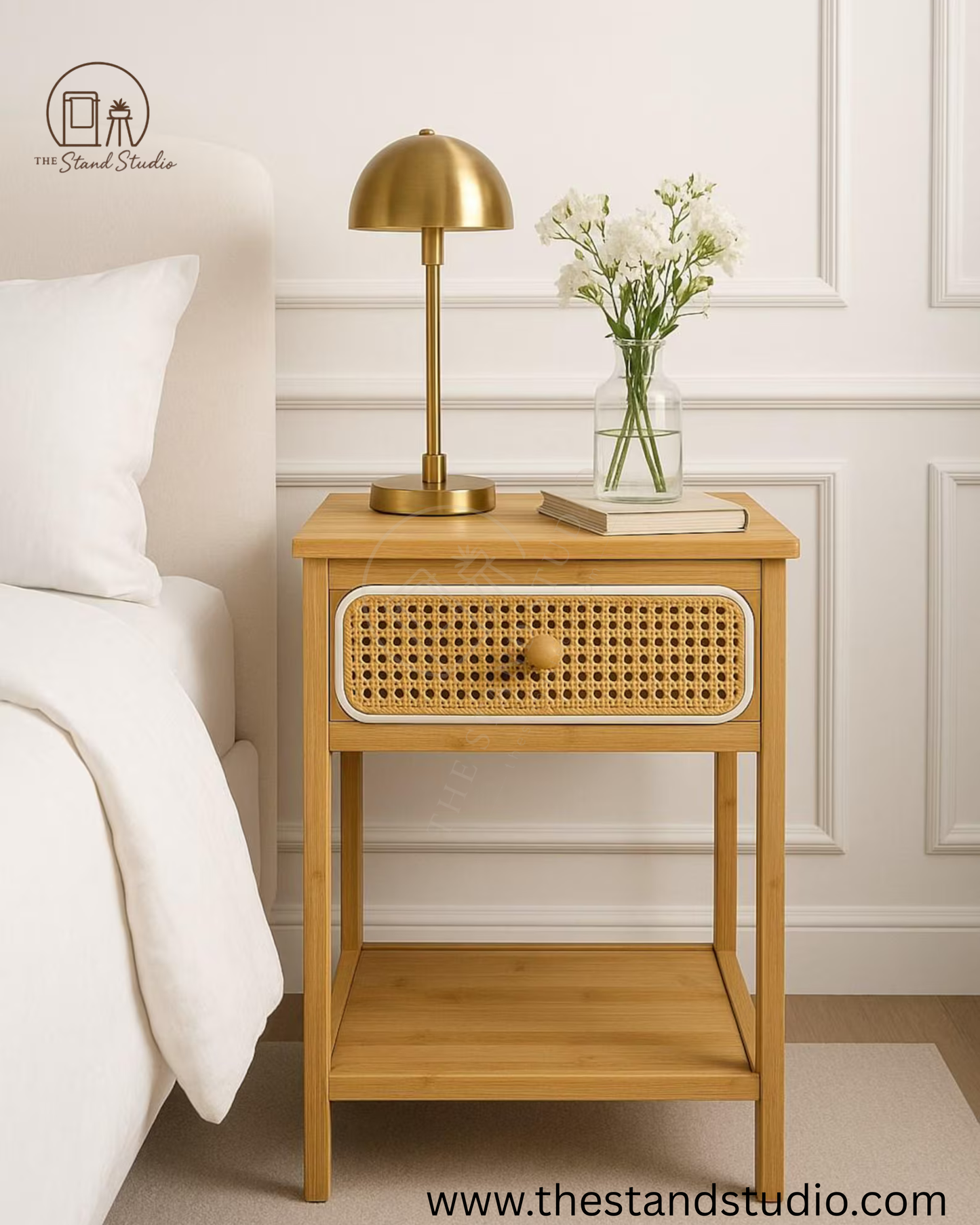 Rattan Bamboo Nightstand with Drawer