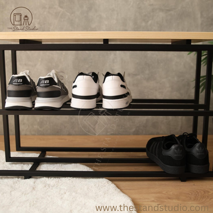2-Tier industrial Shoe Rack, Wooden and Metal Shoe Rack