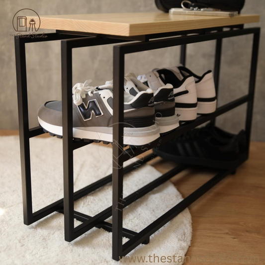 2-Tier industrial Shoe Rack, Wooden and Metal Shoe Rack