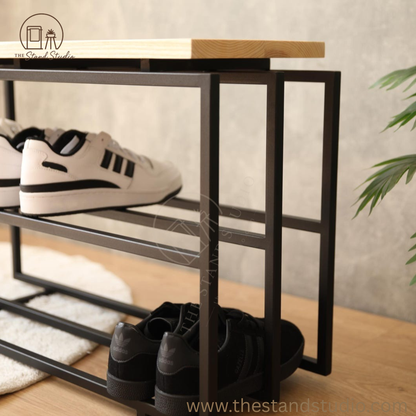 2-Tier industrial Shoe Rack, Wooden and Metal Shoe Rack