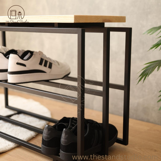 2-Tier industrial Shoe Rack, Wooden and Metal Shoe Rack