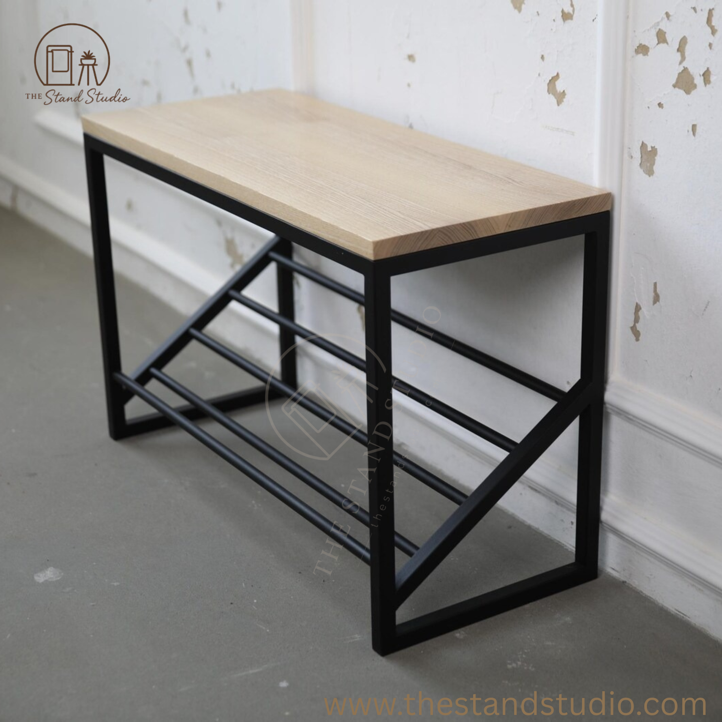 Wood and Metal Shoe Bench- Entryway Shoe Rack with Seat