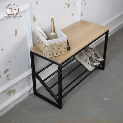 Wood and Metal Shoe Bench- Entryway Shoe Rack with Seat