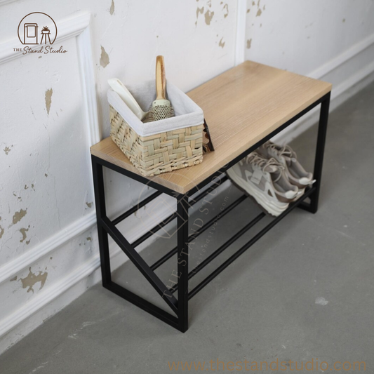 Wood and Metal Shoe Bench- Entryway Shoe Rack with Seat