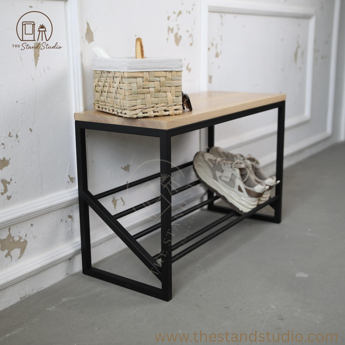 Wood and Metal Shoe Bench- Entryway Shoe Rack with Seat