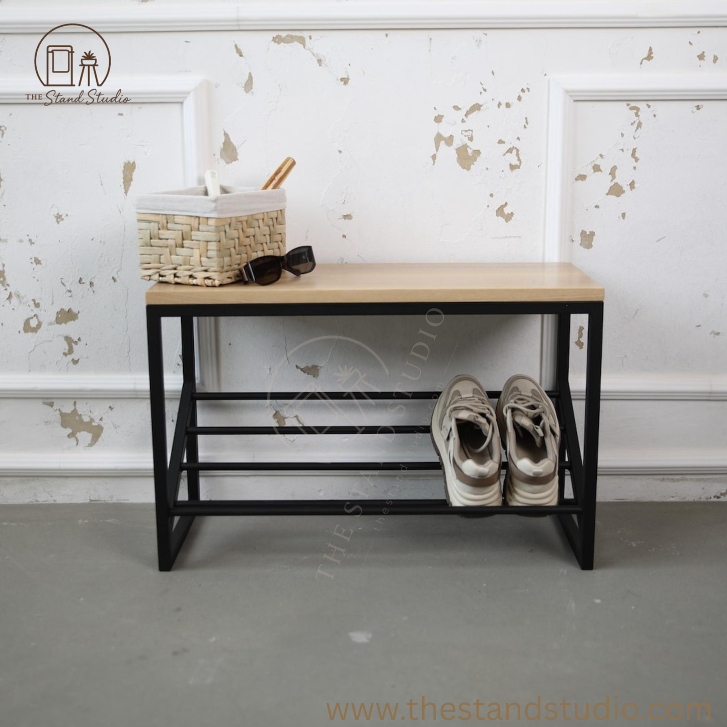 Wood and Metal Shoe Bench- Entryway Shoe Rack with Seat