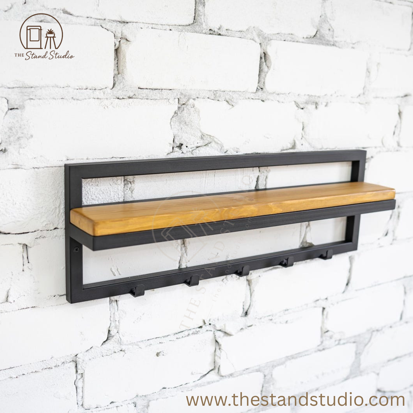 Entryway Shelf with Hooks, Industrial Hallway Storage