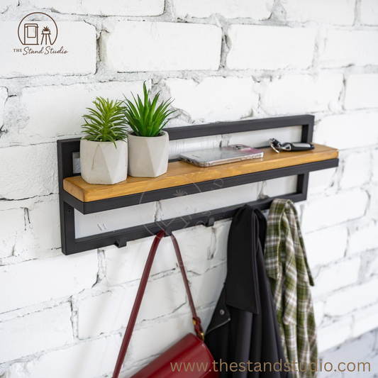 Entryway Shelf with Hooks, Industrial Hallway Storage