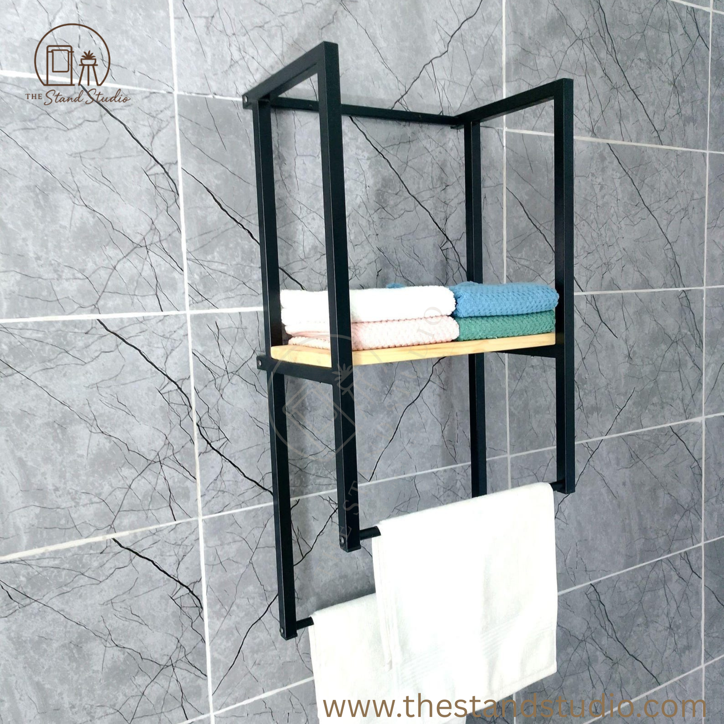 Towel Holder with Wooden Shelf and Drying Bar