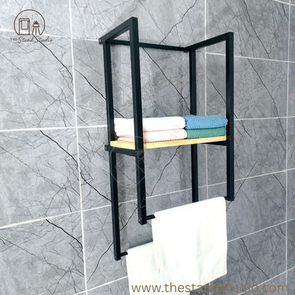 Towel Holder with Wooden Shelf and Drying Bar