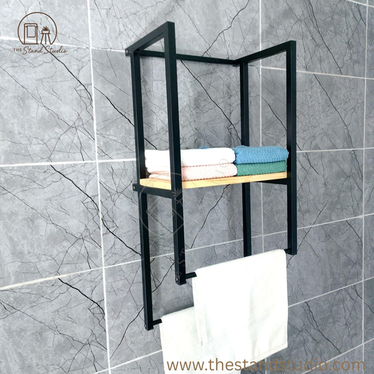Towel Holder with Wooden Shelf and Drying Bar