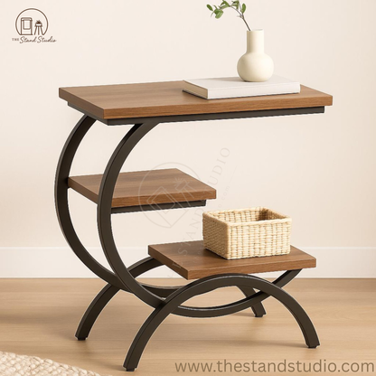 3-Tier Wood & Metal Side Table with Storage Shelf