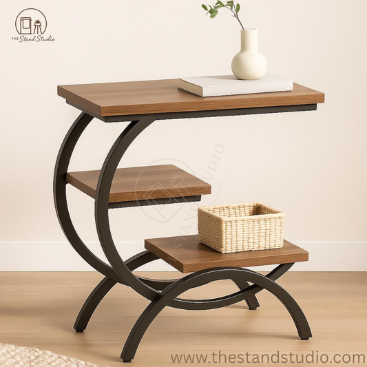 3-Tier Wood & Metal Side Table with Storage Shelf