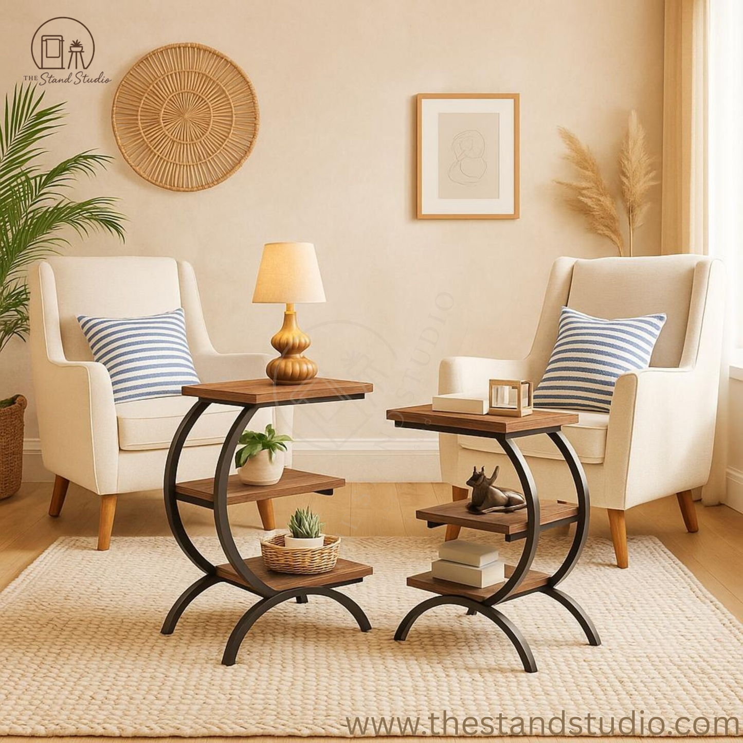 3-Tier Wood & Metal Side Table with Storage Shelf