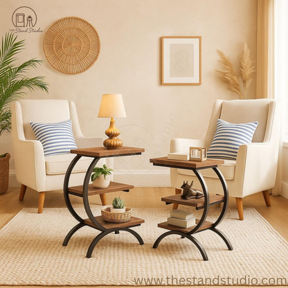 3-Tier Wood & Metal Side Table with Storage Shelf